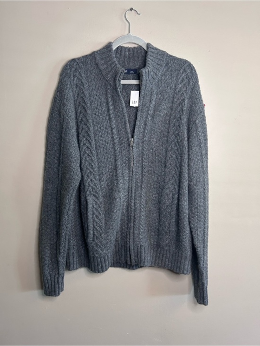 GAP Men's Charcoal Cable-Knit Full Zip Sweater Wool L New NWT